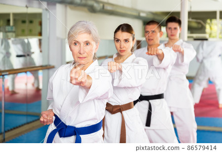 Women and men doing kata during karate training 86579414