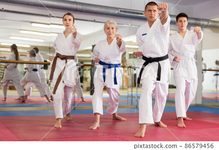 People in kimono trying new martial moves at karate class People in kimono trying new martial moves at karate class 86579456