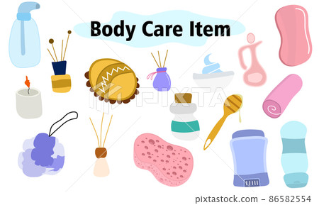 A large set of items for the bathroom and shower. Face and body care. Scents for the home. Vector illustration in color design on a white background. 86582554
