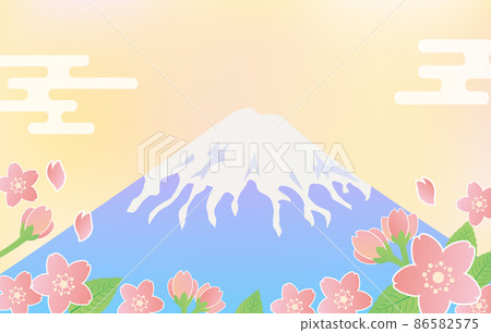 富士山和櫻花瓣的新年背景 86582575