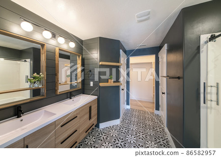Contemporary craftsman master bathroom design with dark gray interior 86582957