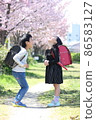 Two elementary school boys and girls bursting into laughter under the cherry blossoms 86583127