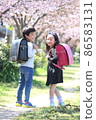 Two elementary school boys and girls turning around in a row of cherry blossom trees 86583131