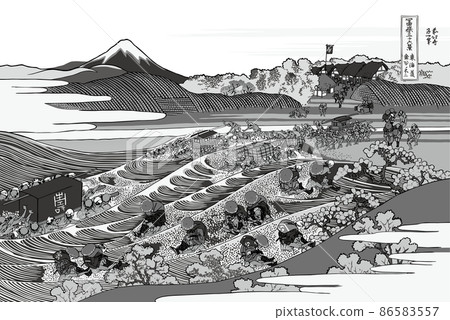 Katsushika Hokusai image Tokaido Kanaya no Fuji Black and white white background with title Katsushika Hokusai image Tokaido Kanaya no Fuji Black and white white background with title 86583557