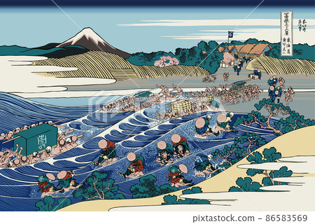 Katsushika Hokusai image Tokaido Kanaya no Fuji with title Katsushika Hokusai image Tokaido Kanaya no Fuji with title 86583569
