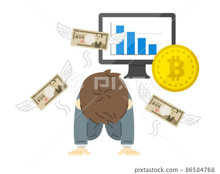 Illustration of a man who is discouraged by the collapse of virtual currency Illustration of a man who is discouraged by the collapse of virtual currency 86584768