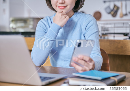 Young woman thinking about asset management 86585063