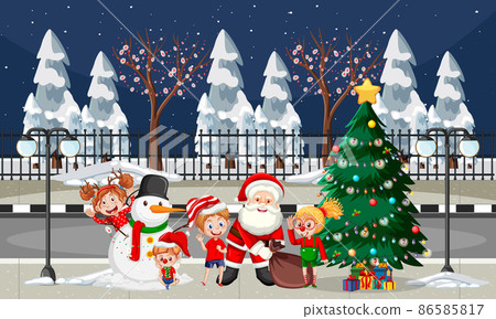 Christmas winter scene with Santa Claus and children Christmas winter scene with Santa Claus and children 86585817
