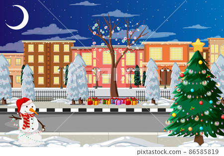 Winter snowy night town decorated with Christmas elements Winter snowy night town decorated with Christmas elements 86585819