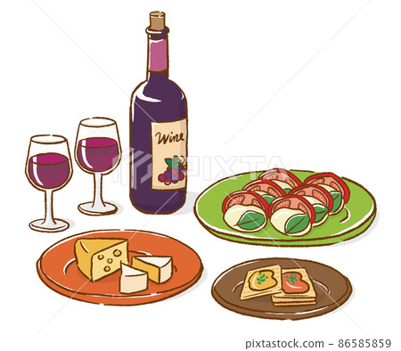 Hand-painted illustration set of red wine and Western-style snacks / white background 86585859