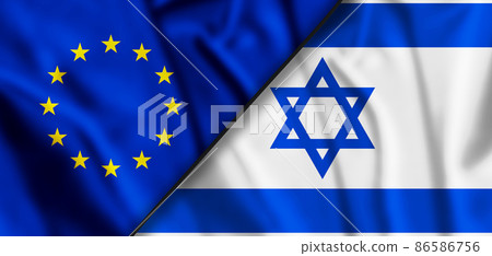 Waving flag of Israel and EU. Two flags textile cloth fabric texture. Waving flag of Israel and EU. Two flags textile cloth fabric texture. 86586756