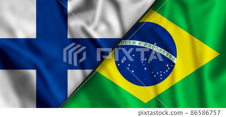 Waving colorful flag of Brazil and national flag of Finland. macro 86586757