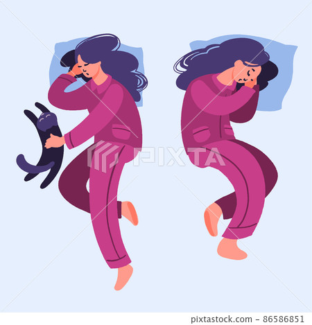 Young woman sleeps in bed. Girl in pajama sleeping on pillow in different poses. 86586851