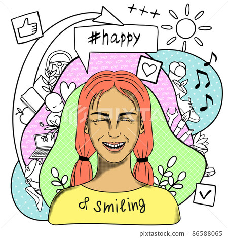 Happy and Smiling creative conceptual modern hand drawn doodle portrait Happy and Smiling creative conceptual modern hand drawn doodle portrait 86588065