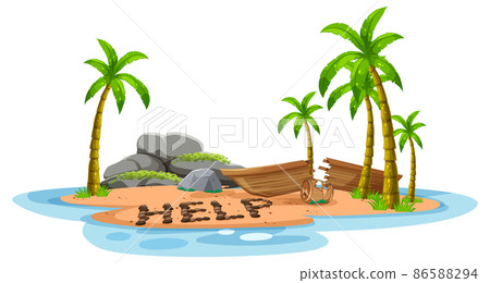 Deserted island with broken boat lying on the beach with help sign 86588294
