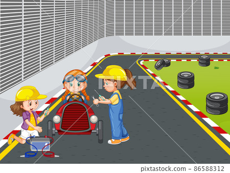 Soapbox derby scene with children fixing a race car 86588312