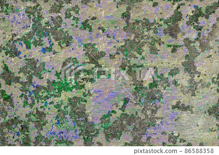 shabby peeled white, green and blue paint layers on concrete surface - flat background and seamless texture 86588358