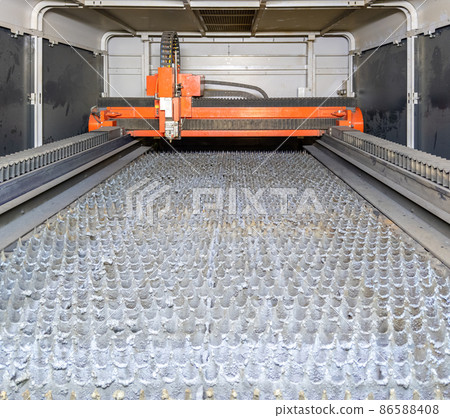 inside of empty cnc laser cutting machine - without workpiece metal sheet inside of empty cnc laser cutting machine - without workpiece metal sheet 86588408