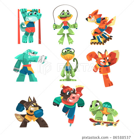 Animal Athlete in Sportswear Roller Skating and Skipping Rope Doing Sport Vector Set Animal Athlete in Sportswear Roller Skating and Skipping Rope Doing Sport Vector Set 86588537