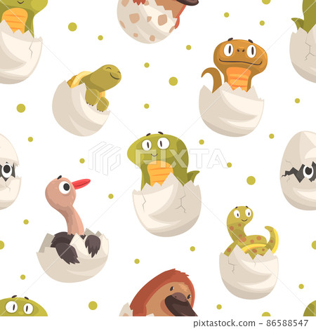 Chick and Reptile Hatching from Eggs Vector Seamless Pattern Chick and Reptile Hatching from Eggs Vector Seamless Pattern 86588547