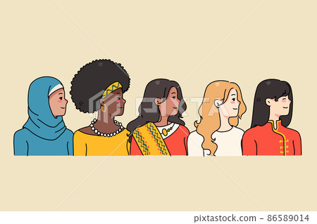 Diverse women of different nationalities in traditional clothes  86589014