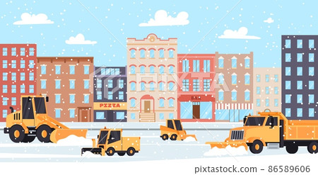 Winter city landscape with snow plow trucks cleaning roads from snow and ice, flat vector illustration. 86589606