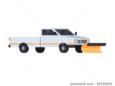 Snow plow truck blades attached to personal car, flat vector illustration isolated on white background. 86589609