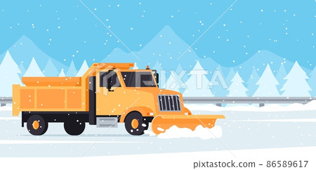 Snow plow truck removes snow from highway, winter landscape in flat style, vector illustration. Snow plow truck removes snow from highway, winter landscape in flat style, vector illustration. 86589617