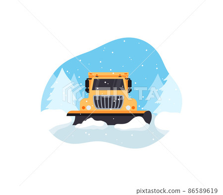 Snow plow truck cleans snow covered highway, flat vector illustration isolated on white background. 86589619