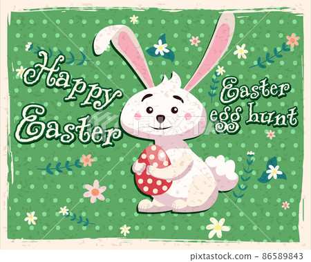 Retro Happy Easter poster. Greeting card with rabbit, bunny, egg. Vector illustration vintage 86589843