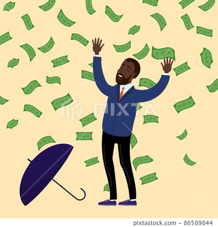Happy african businessman and umbrella, falling money rain. Success finance business, falling cash. Vector illustration 86589844