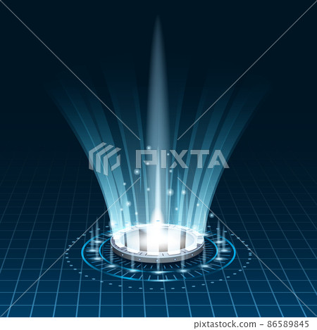Futuristic portal sky-fi digital, circle science teleport tunnel with light rays and glows, podium, projector. Vector illustration, black blue background 86589845