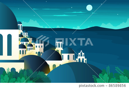 Night Santorini Sea Landscape Greek Summer Vacation Travel Tourism View Night Santorini Sea Landscape Greek Summer Vacation Travel Tourism View 86589856