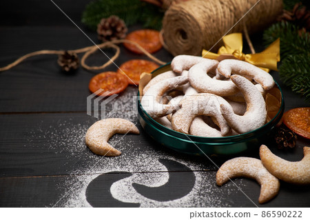 Round Gift box full of Traditional German or Austrian Vanillekipferl vanilla kipferl cookies Round Gift box full of Traditional German or Austrian Vanillekipferl vanilla kipferl cookies 86590222