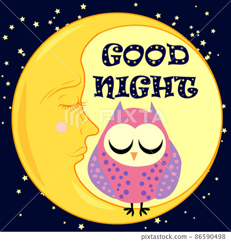 Good night. Postcard with a dormant crescent, a cute cartoon owl and text. Good night. Postcard with a dormant crescent, a cute cartoon owl and text. 86590498
