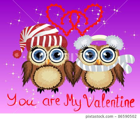 Two loving owls, a pair, touch their wings, on a purple background. Concept Two hearts. The inscription you Are my valentine Two loving owls, a pair, touch their wings, on a purple background. Concept Two hearts. The inscription you Are my valentine 86590502