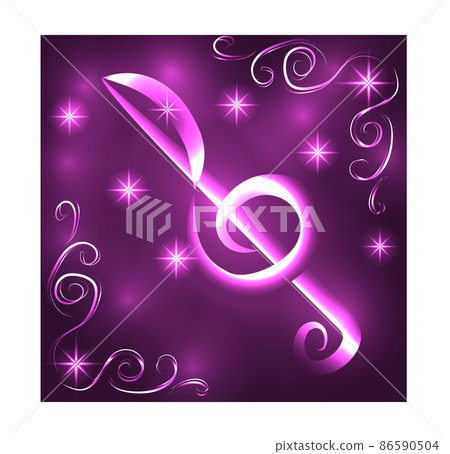 Elegant luminous contour of the treble clef on a dark background, neon-effect, music, musical note.. Elegant luminous contour of the treble clef on a dark background, neon-effect, music, musical note.. 86590504