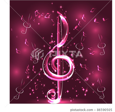 Elegant luminous contour of the treble clef on a dark background, neon-effect, music, musical note.. Elegant luminous contour of the treble clef on a dark background, neon-effect, music, musical note.. 86590505