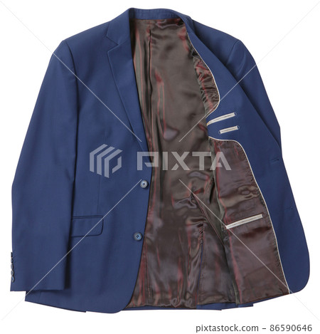 blue classic men's suit, blue jacket with brown lining, on a white background 86590646