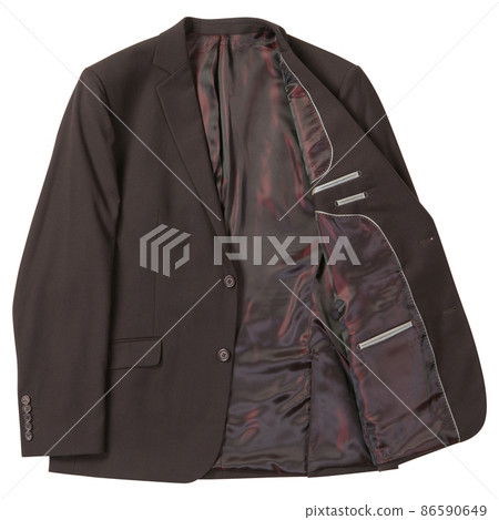 brown men's jacket, one half turned away, classic suit with brown lining, on a white background brown men's jacket, one half turned away, classic suit with brown lining, on a white background 86590649