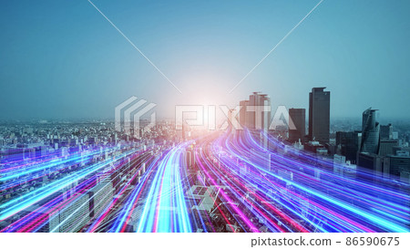 A band of light running through the city, the road to the future 86590675