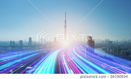 A band of light running through the city, the road to the future 86590694