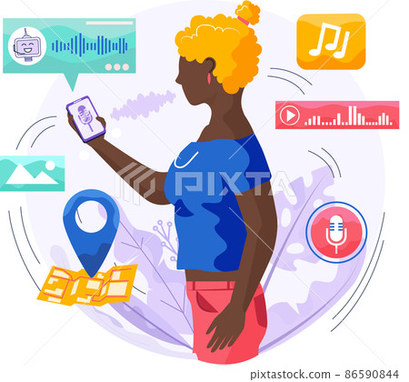 Speaker recognition, vote controlled smart speaker. Woman voice activated digital assistants, identification Speaker recognition, vote controlled smart speaker. Woman voice activated digital assistants, identification 86590844