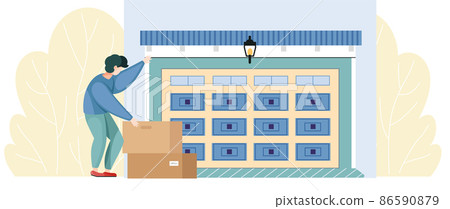 Male character puts unwanted old junk in garage for storing. Man chooses building to store garbage Male character puts unwanted old junk in garage for storing. Man chooses building to store garbage 86590879