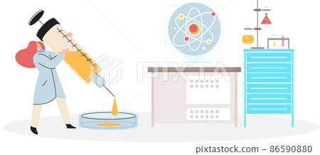 Scientist conducts researches, virology in lab, holding vaccine, syringe and wearing medical suit 86590880