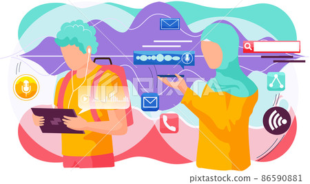 Voice assistant. Smart speaker virtual assistant, sound robot, people using voice controlled smart speaker Voice assistant. Smart speaker virtual assistant, sound robot, people using voice controlled smart speaker 86590881