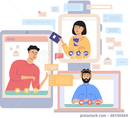 Virtual meeting, online teamwork. Computer with group of colleagues taking part in video conference Virtual meeting, online teamwork. Computer with group of colleagues taking part in video conference 86590884