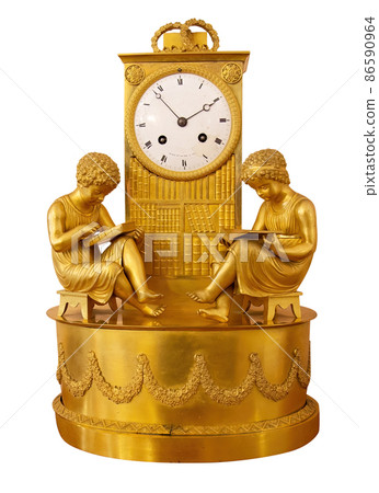 Venetian Accent Gold and Marble Sculptural Clock Isolated. Decorative Golden Vintage Empire Style Decorative Time Pieces Statue for Living Room and Bedrooms. Retro Mantel Clock Venetian Accent Gold and Marble Sculptural Clock Isolated. Decorative Golden Vintage Empire Style Decorative Time Pieces Statue for Living Room and Bedrooms. Retro Mantel Clock 86590964
