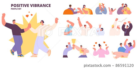 Positive vibrance people characters kit. Happy women men and child, young business adults winners. Dancing couple, dating in cafe. Different joyful vector persons set Positive vibrance people characters kit. Happy women men and child, young business adults winners. Dancing couple, dating in cafe. Different joyful vector persons set 86591120