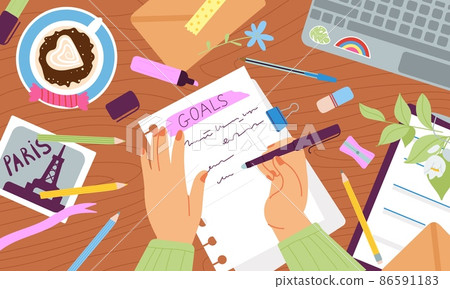 Woman writes in diary. Hands and journal, writing idea and plans in notepad with pen. To do list, organizing goals in paper book. Student notes, decent vector scene 86591183